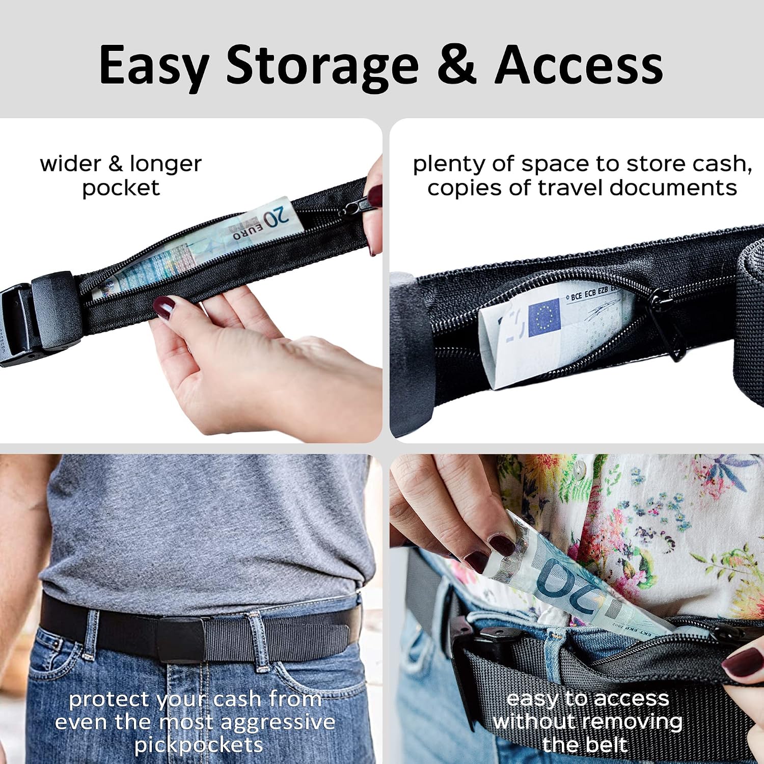 Money Belt for Men Travel Security Belt with Hidden Money Compartment Pocket, Cashsafe Anti-Theft Wallet Non-Metal Buckle - Image 4